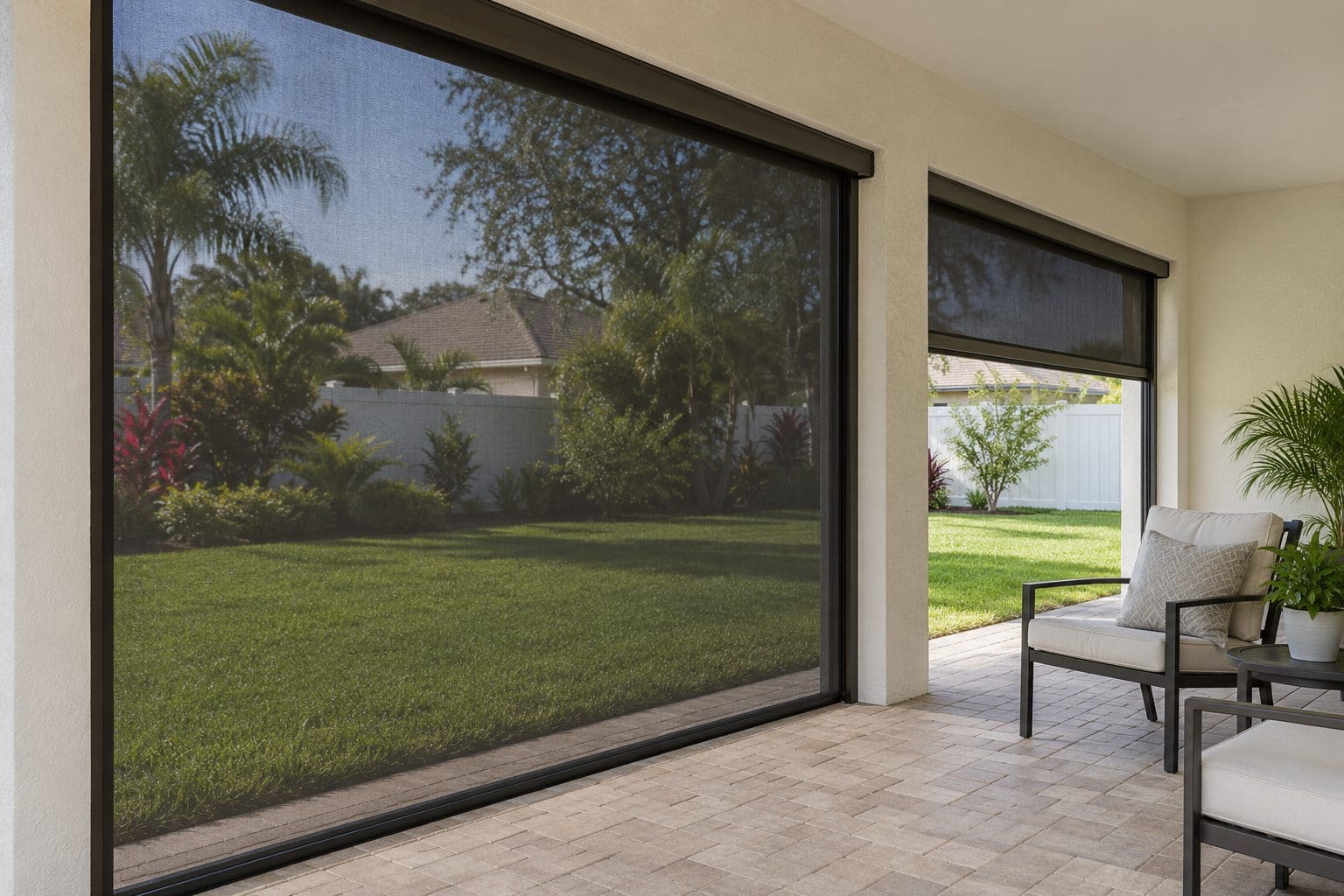 Magnatrack motorized retractable screens in a black frame enclosing a paver patio lanai with outdoor seating
