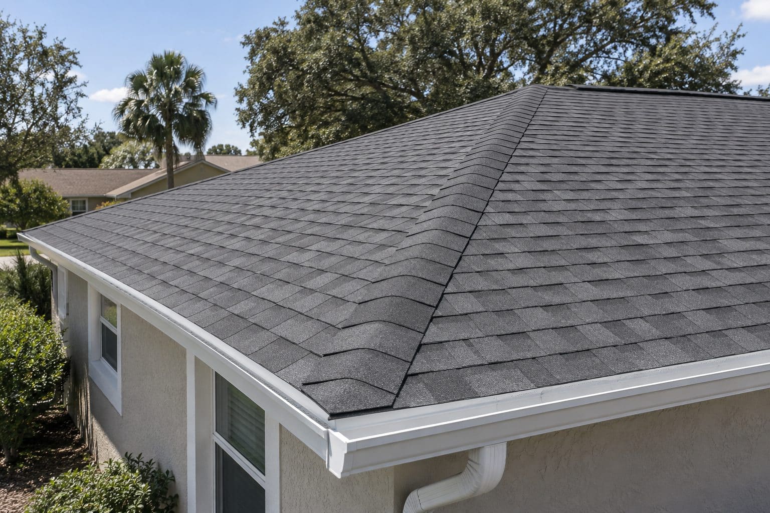 Newly installed architectural shingle hip roof with fresh seamless gutter on an Orlando and Surrounding Areas home
